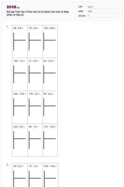 Bài tập Toán lớp 5 Chia một số tự nhiên cho một số thập phân có đáp án