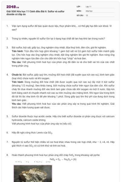 Giải SGK Hóa học 11 Cánh diều Bài 6: Sulfur và sulfur dioxide có đáp án