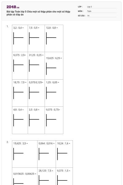 Bài tập Toán lớp 5 Chia một số thập phân cho một số thập phân có đáp án