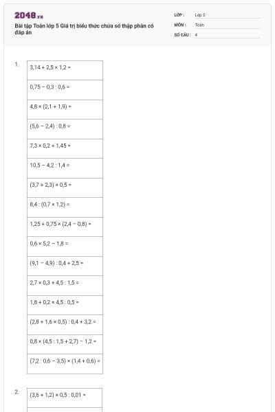 Bài tập Toán lớp 5 Giá trị biểu thức chứa số thập phân có đáp án