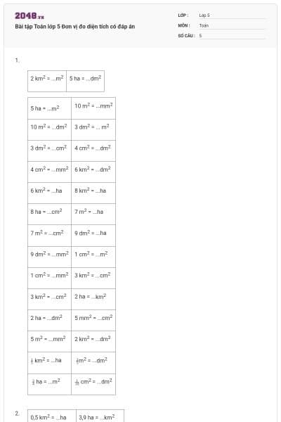 Bài tập Toán lớp 5 Đơn vị đo diện tích có đáp án
