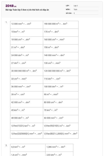 Bài tập Toán lớp 5 Đơn vị đo thể tích có đáp án