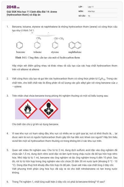 Giải SGK Hóa học 11 Cánh diều Bài 14: Arene (hydrocarbon thơm) có đáp án
