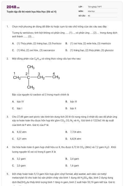 Tuyển tập đề thi minh họa Hóa Học (Đề số 4)