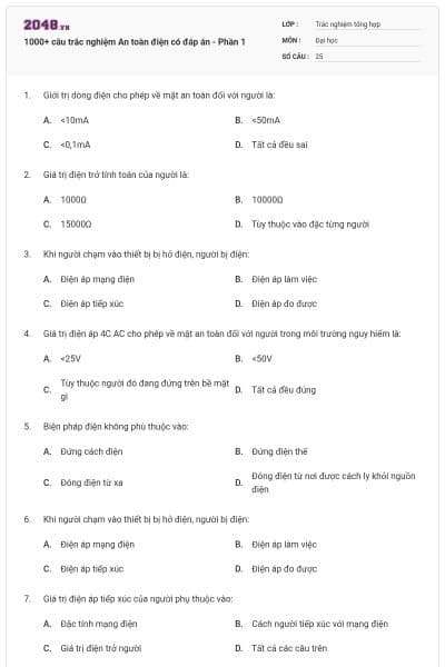 1000+ câu trắc nghiệm An toàn điện có đáp án - Phần 1