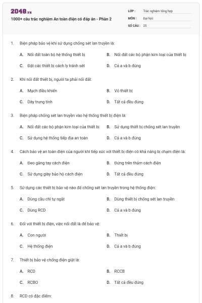 1000+ câu trắc nghiệm An toàn điện có đáp án - Phần 2