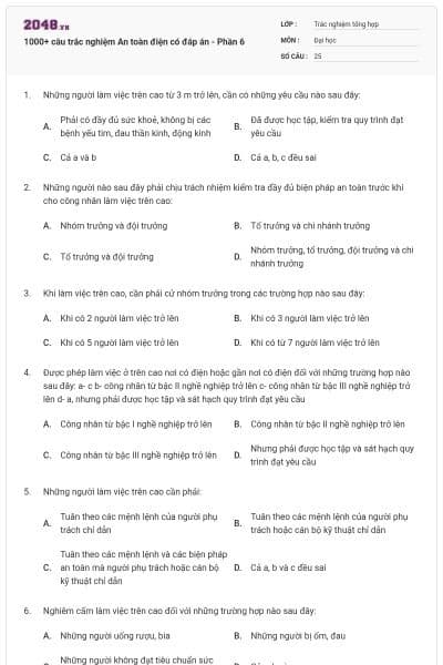 1000+ câu trắc nghiệm An toàn điện có đáp án - Phần 6