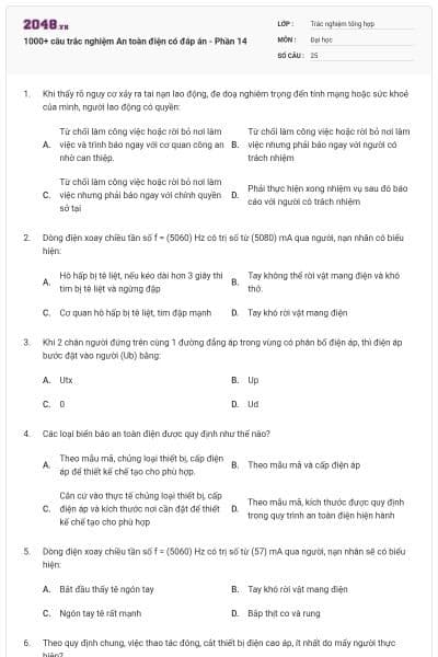 1000+ câu trắc nghiệm An toàn điện có đáp án - Phần 14