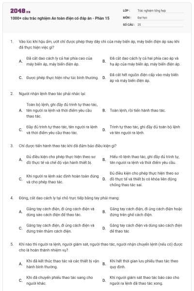 1000+ câu trắc nghiệm An toàn điện có đáp án - Phần 15