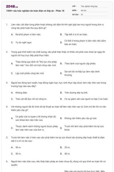 1000+ câu trắc nghiệm An toàn điện có đáp án - Phần 18