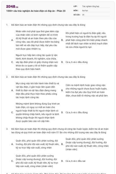 1000+ câu trắc nghiệm An toàn điện có đáp án - Phần 20