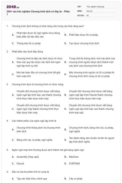 200+ câu trắc nghiệm Chương trình dịch có đáp án - Phần 1