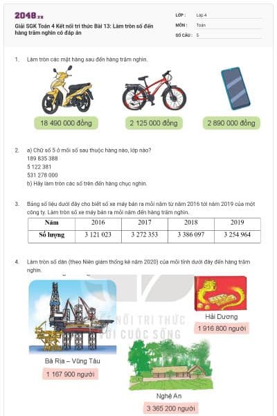 Giải SGK Toán 4 Kết nối tri thức Bài 13: Làm tròn số đến hàng trăm nghìn có đáp án