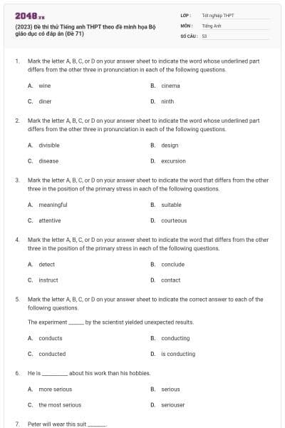 (2023) Đề thi thử Tiếng anh THPT theo đề minh họa Bộ giáo dục có đáp án (Đề 71)
