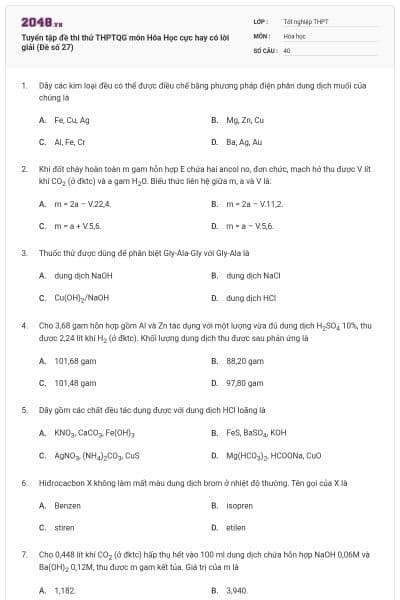 Tuyển tập đề thi thử THPTQG môn Hóa Học cực hay có lời giải (Đề số 27)