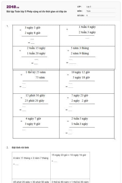 Bài tập Toán lớp 5 Phép cộng số đo thời gian có đáp án