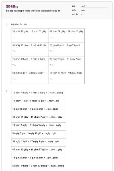 Bài tập Toán lớp 5 Phép trừ số đo thời gian có đáp án