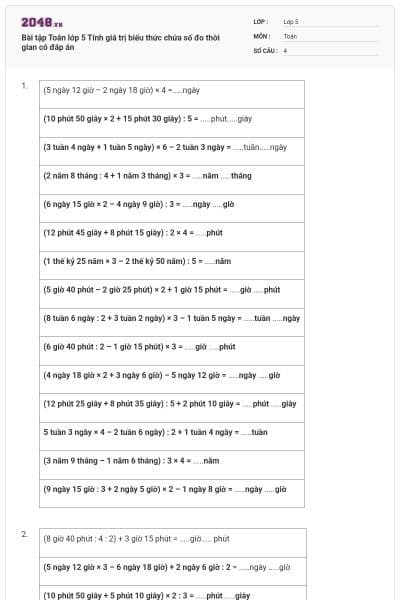 Bài tập Toán lớp 5 Tính giá trị biểu thức chứa số đo thời gian có đáp án