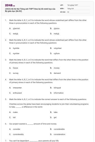 (2023) Đề thi thử Tiếng anh THPT theo bộ đề minh họa của Bộ giáo dục (Đề 82)