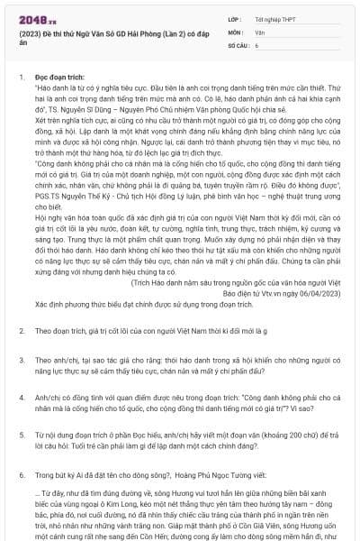 (2023) Đề thi thử Ngữ Văn Sở GD Hải Phòng (Lần 2) có đáp án