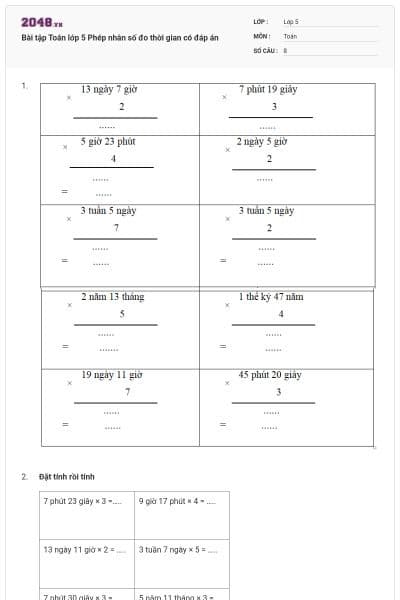 Bài tập Toán lớp 5 Phép nhân số đo thời gian có đáp án