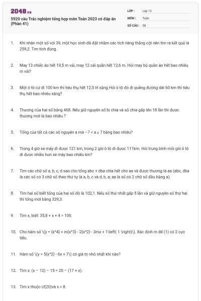 5920 câu Trắc nghiệm tổng hợp môn Toán 2023 có đáp án (Phần 41)
