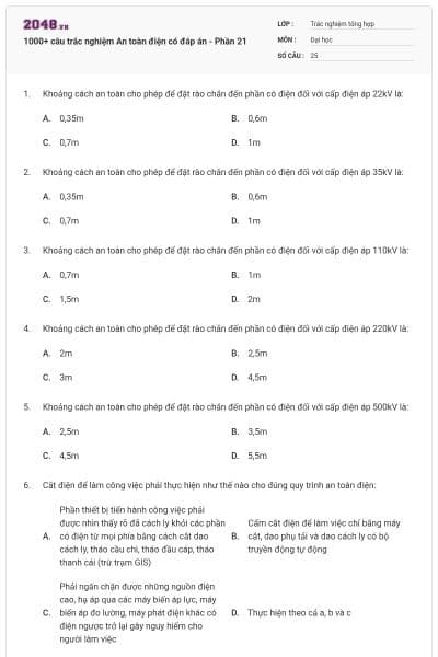 1000+ câu trắc nghiệm An toàn điện có đáp án - Phần 21