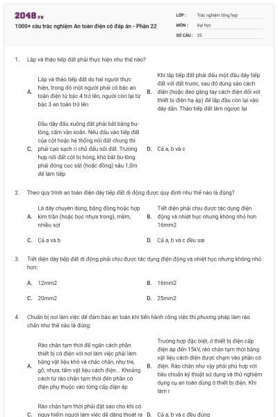 1000+ câu trắc nghiệm An toàn điện có đáp án - Phần 22