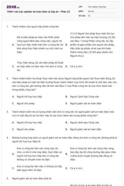 1000+ câu trắc nghiệm An toàn điện có đáp án - Phần 23