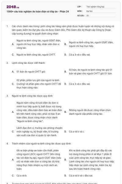 1000+ câu trắc nghiệm An toàn điện có đáp án - Phần 24