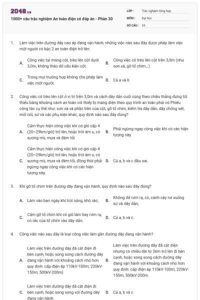 1000+ câu trắc nghiệm An toàn điện có đáp án - Phần 30