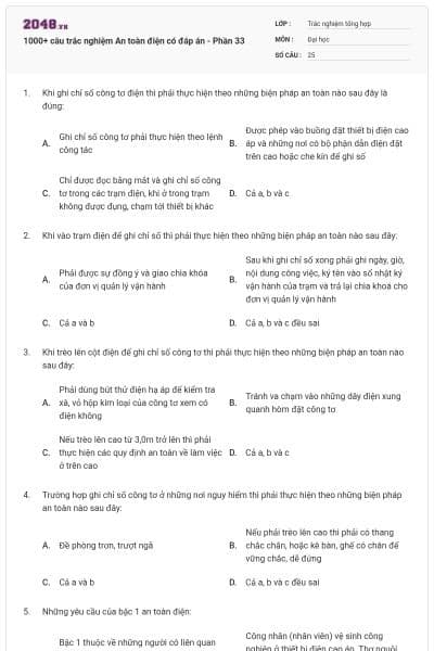 1000+ câu trắc nghiệm An toàn điện có đáp án - Phần 33