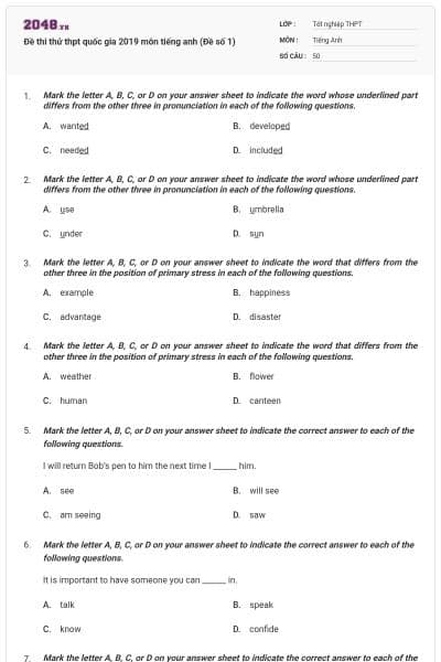 Đề thi thử thpt quốc gia 2019 môn tiếng anh (Đề số 1)
