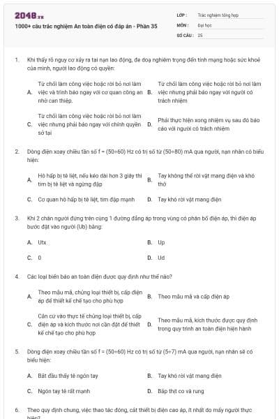 1000+ câu trắc nghiệm An toàn điện có đáp án - Phần 35