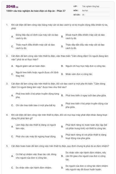 1000+ câu trắc nghiệm An toàn điện có đáp án - Phần 37