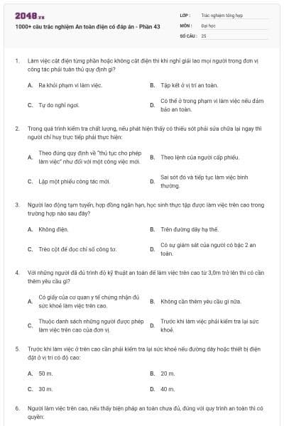 1000+ câu trắc nghiệm An toàn điện có đáp án - Phần 43