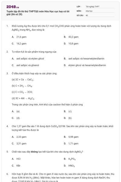 Tuyển tập đề thi thử THPTQG môn Hóa Học cực hay có lời giải (Đề số 28)