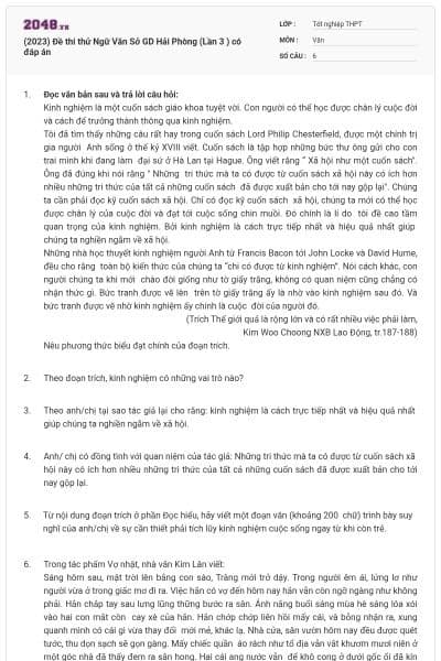 (2023) Đề thi thử Ngữ Văn Sở GD Hải Phòng (Lần 3 ) có đáp án