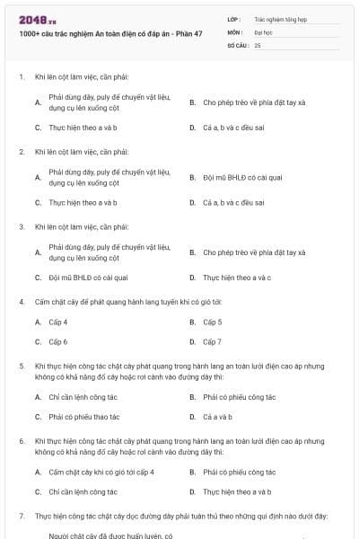 1000+ câu trắc nghiệm An toàn điện có đáp án - Phần 47