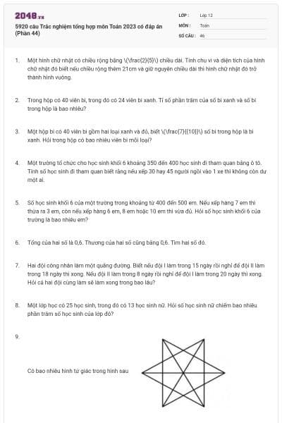 5920 câu Trắc nghiệm tổng hợp môn Toán 2023 có đáp án (Phần 44)
