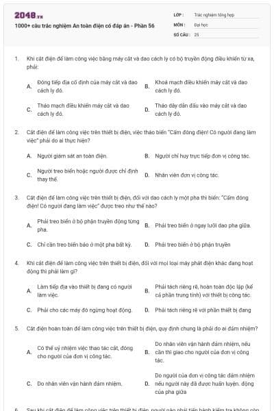 1000+ câu trắc nghiệm An toàn điện có đáp án - Phần 56