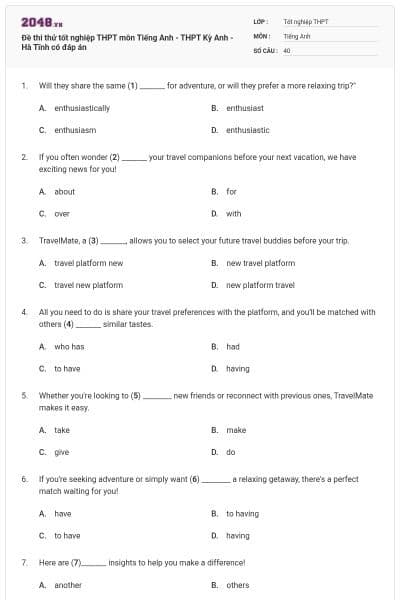 Đề thi thử tốt nghiệp THPT môn Tiếng Anh - THPT Kỳ Anh - Hà Tĩnh có đáp án
