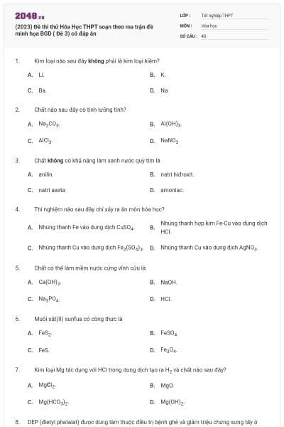 (2023) Đề thi thử Hóa Học THPT soạn theo ma trận đề minh họa BGD ( Đề 3) có đáp án
