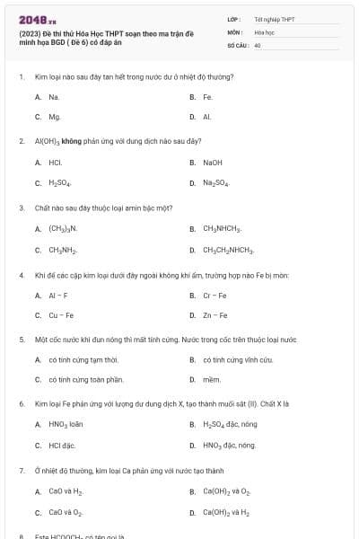 (2023) Đề thi thử Hóa Học THPT soạn theo ma trận đề minh họa BGD ( Đề 6) có đáp án