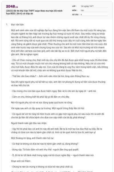 (2023) Đề thi thử Văn THPT soạn theo ma trận đề minh họa BGD ( Đề 6) có đáp án