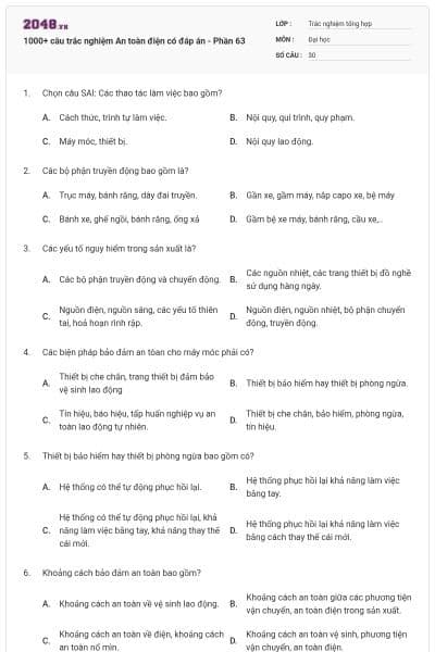 1000+ câu trắc nghiệm An toàn điện có đáp án - Phần 63