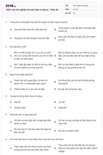 1000+ câu trắc nghiệm An toàn điện có đáp án - Phần 68