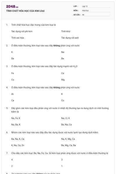 TÍNH CHẤT HÓA HỌC CỦA KIM LOẠI