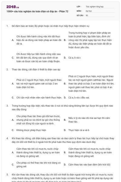 1000+ câu trắc nghiệm An toàn điện có đáp án - Phần 72