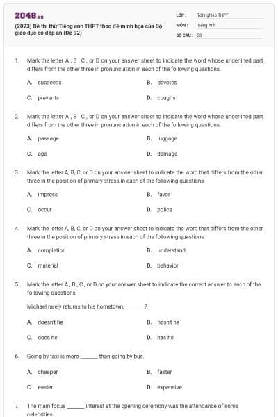 (2023) Đề thi thử Tiếng anh THPT theo đề minh họa của Bộ giáo dục có đáp án (Đề 92)